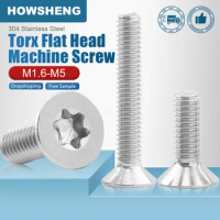 HOWSHENG 20/40/50/100/200pcs Torx Flat Head Screw M1.6 M2 M3 M4 M5 Stainless Steel Six-Lobe Machine Screws GB2673