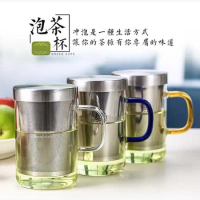 不鏽鋼濾網耐熱玻璃茶杯(三色任選)