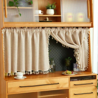 1pc Coffee-Colored Tassel Short Curtain with Rod Pocket for Living Room,Kitchen,and Cabinets Decor