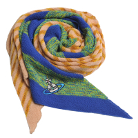 Vivienne Westwood 日本製彩色行星LOGO刺繡圖騰斜紋棉混壓克力纖維長圍巾(藍/綠/黃/咖啡系)
