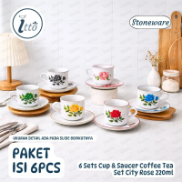 6 Sets Cup & Saucer Coffee Tea Set City Rose 220ml Stoneware Keramik