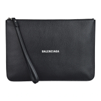 【Balenciaga 巴黎世家】BALENCIAGA白字LOGO小牛皮拉鍊手拿方包(黑)