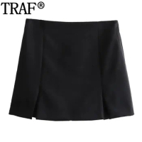 TRAF 2024 Black Mini Skirt Shorts Woman Fashion Satin Skirt Pants High Waist Slit Women's Skort Autumn Short Skirts For Women