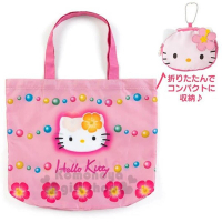 【小禮堂】Hello Kitty 折疊尼龍環保購物袋《粉白》手提袋.環保袋.45週年紀念系列