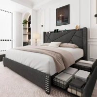Queen Bed Frame with 4 Storage Drawers, Upholstered Platform Bed Frame with Charging Station &amp; Wingback Shelf, Solid Wood Slats