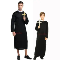 Boys Men Priest Halloween Costume Carnival For Adult Kids Church God Father Robe Cloak Necklace Christmas Fancy Costume