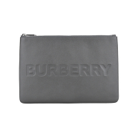 BURBERRY鋼印字母LOGO鵝卵石紋牛皮拉鍊大型手拿包(灰)