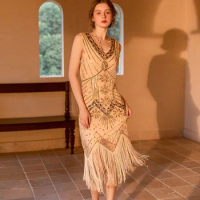 1920s Vintage Great Gatsby Dress Sequin V-Neck Tassel Bodycon Beaded Party Flapper Dress Ballroom Tango Latin Dance Dress Women