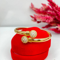 Gelang Bangle Dua Bola Warna kuning Perhiasan Hadiah [Free cincin] Elegan Titanium