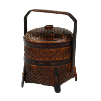 大漆手工精編復古精編大漆竹製雙層提竹編送餐籃茶點籃收納盒食盒