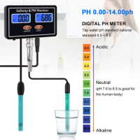 Online Digital PH Salinity Meter pH Salt Water Quality Tester LCD pH Salinity Realtime Monitor for Seawater Fish Tank Aquarium