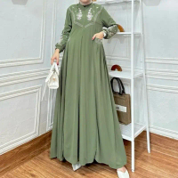 Leony Gamis Dress Bordir Wanita Muslimah Bahan Crinkle Airflow Premium