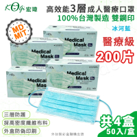 【宏瑋 限量】台灣製 MD+MIT 雙鋼印 高效能三層不織布 醫療級 醫用成人口罩x4盒(50入/盒;冰河藍)