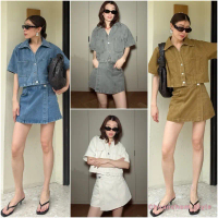StudioX2 #21  CROPPED SHORT SLEEVESHIRT + WRAP DENIM SHORTเซ็ตเสื้อยีนส์ครอปคอวีกระดุมหน้าแขนสั้น มา