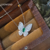 LUOWEND 18K White Gold Necklace Elegant Butterfly Shape Natural Emerald Real Diamond Necklace for Women Wedding Gemstone Jewelry