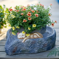 小石磨創意文竹綠植小花盆栽陽臺辦工桌裝飾慵懶貓咪復古植物花盆