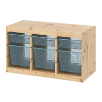 TROFAST 收納組合附收納盒, 染白松木/灰藍色, 93x44x53 公分
