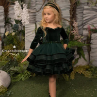 Flower Girl Dress For Wedding Emerald Green Velvet Long Sleeves Special Occasion Pageant Birthday Ph