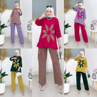 setelan cargo bunga wanita setcel vintage ada saku