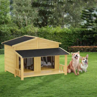 47.2" Dog House, Waterproof Dog Kennel, Wooden Outdoor and Indoor Dog House, Log Cabin Style with Porch,Elevated Floor, 2 Doors