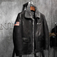 Black Shearling Flight Jacket Short Fur Leather Jacket Men's Shearling Coat Imported Wool From Australia Man Aviator Fur Coat