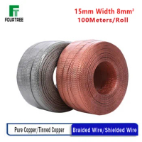100Meters Copper Tinned Bare Ground Braid Lead WIre Signal Shielded Cable Conductive Tape High Flexibility 15mm Width 8mm2