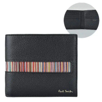 PAUL SMITH 燙金LOGO標誌性彩色條紋設計小牛皮8卡對折短夾(黑)