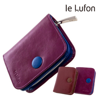 【le Lufon】簡約時尚油蠟皮鮮明拼色感雙層設計實用中皮夾/零錢包/卡夾（紫藍／紅棕二色） 淑女用皮夾
