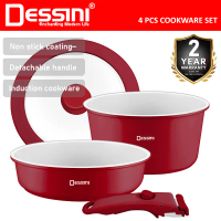 DESSINI ITALY i-Romanzo 4 PCS Detachable Handle Induction Casserole Pot Non Stick Frying Pan Wok Bow