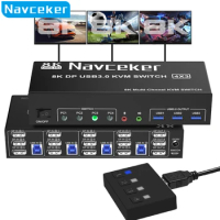 8K DP KVM USB 3.0 Switch 4X3 Triple Monitor 4K 144Hz Extended Display Displayport Switcher 4 In 3 Out for 4 PC Keyboard Mouse