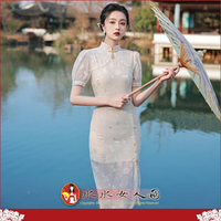 春夏雪紡拼接盤扣提花顯瘦旗袍復古文藝改良年輕款日常連身裙洋裝-俏媚-水水女人國