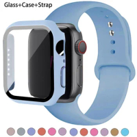 Glass+Case+Strap For Apple Watch band 44mm 45mm 42mm 41mm 40mm 38mm Silicone watchband bracelet iWatch series 8 9 7 6 5 4 3 SE
