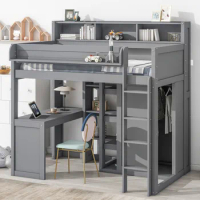 Twin Size Loft bed,Multifunctional Wood bed with Full-length guardrails,2 shelves,1 wardrobe and 3 cabinets,Kids Bedroom,Gray