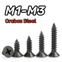 50-500pcs M1 M1.2 M1.4 M1.7 M2 M2.3 M2.6 M3 Black Carbon Steel Phillips Flat Countersunk Pan Head Self-tapping Screw L=3mm-25mm