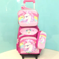 School Kids Rolling Backpack for Girls With Wheels with lunch bag pen bag School Trolley Wheeled Backpacks for girls Rolling Bag