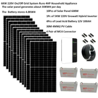 Solar Panel Kit Complete With Battery 6000W 220V Growatt Hybrid Inverter MPPT 5000W On Off Grid Home System 4HP Air Conditioner