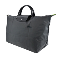 LONGCHAMP LE PLIAGE GREEN系列刺繡短把再生尼龍摺疊旅行袋(小/石墨灰)