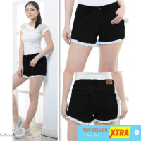 Baju Hot pant rumbai black RO Celana pendek Wanita Jeans washed black Kekinian@@ Hitam Katun Panjang