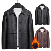 Men Faux Leather Jacket Stylish Men's Fleece-lined Faux Leather Jacket Lapel Long Sleeve Pockets Ideal for Autumn/winter