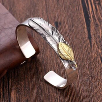 Men Bangle 100% Pure 925 Sterling Silver Feather Open Cuff Bangle&amp;Bracelet Puck Classic Thai silver feather Bangles Jewelry