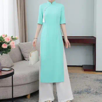 Vietnam Ao dai Cheongsams Include Pants Women Qipao Vintage Summer Dress