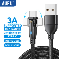 AUFU 180 Rotate USB Type C Cable Fast Charging Wire For Xiaomi POCO Oneplus Huawei for iphone Mobile Cellphone Charger Data Cord
