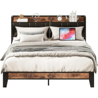 Bed Frame Storage Headboard With Charging Station, Sturdy And Stable,No Noise,No Box Spring,Easy To Assemble, King Size Bedstead
