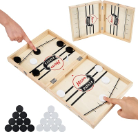 Foldable Fast Sling Puck Game with Chess Board and Checkers Board Tic Tac Toe. Wooden Air Hockey Fam