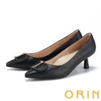 ORIN 造型飾釦真皮尖頭中跟鞋 黑色
