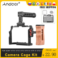 Andoer Camera Cage Kit for Sony A7IV/ A7III/ A7II/ A7R III/ A7R II/ A7S II with Top Handle Side Wooden Grip 1/4 Inch Threads