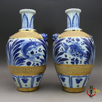 元青花手繪魚藻紋鎏金花瓶一對 古董古玩陶瓷器仿古老貨擺件