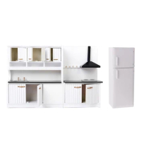 Luxury White Wooden Cabinet Cupboard Fridge With 1:12 Dollhouse Miniature Wood Display Cupboard Cabinet Showcase