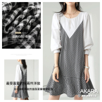【AKARA】日系優雅風格紋假兩件長袖洋裝