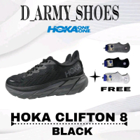 Sepatu Running Pria Hoka Clifton 8 Full Black + Bonus Kaos Kaki Outdoor